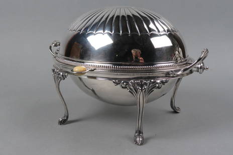 English Silverplate Breakfast Server,: warming compartments and trays inside domed top, oval, footed, 12" wide, 8" tall, circa 1910, excellent.