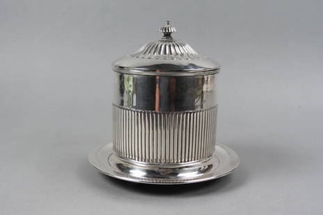 English Silverplate Biscuit Jar,: ribbed design, footed, 7 1/2" tall, circa 1900.