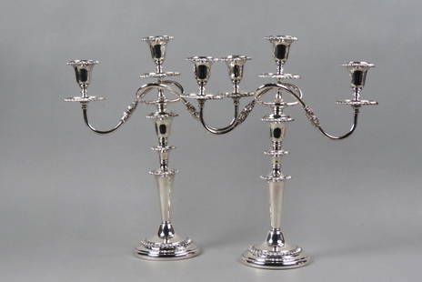 Pair of Silverplate Candelabra,: triple sconce, convert to single candlesticks, gadroon design, 16" tall, 14" across, excellent.