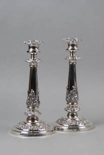 Pair of Sheffield Silverplate Candlesticks,: acanthus leaf design, silver on copper, 11" tall, 19th century.