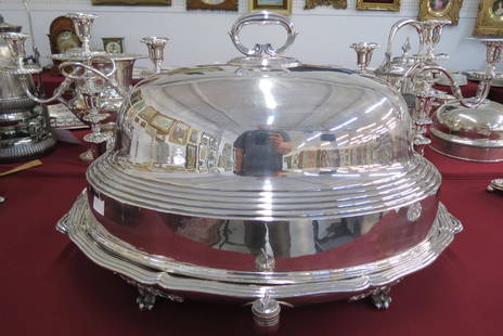 Christopfle French Silverplate Large Warming Dome,: warming base with hot water compartment and tree in well design, lion paw feet, 19" X 25" plus handles, 16" tall, circa 1900, signed and numbered, very impressive!