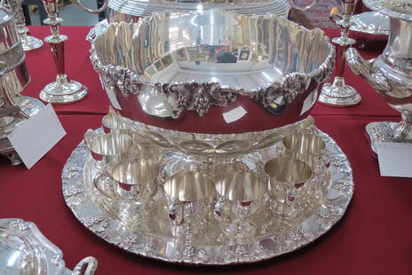 Fine Silverplate Punch Set,: 15" diameter bowl, 20" diameter tray and 12 pedestal cups, grape and vine design, impressive!