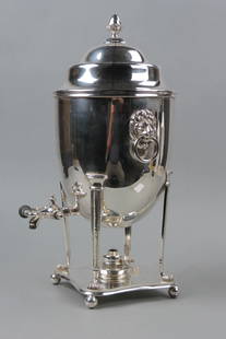 English Silverplate Tea Urn with Burner,: lion and ring handles, acorn finial, front spout, 17" tall, excellent.