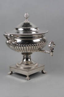 Early Sheffield Silverplate Tea Urn,: or Hot Water Urn, ribbed design with grape clusters at handles, lion paw feet, front spout, 16" tall, circa 1850.