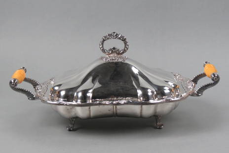 Fine Silverplate Server,: footed, dome cover, cornucopia design on handles, 11" X 13" (plus handles).