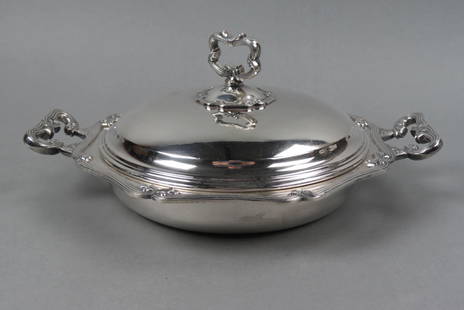 Silverplate Covered Entree Server by Fracalanza,: decorated with bow trim, 14" diameter, domed cover, 5 1/2" tall.