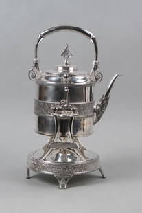 Victorian Silverplate Hot Water Kettle on Stand,: with burner, fancy designs, footed, by Rogers, 16" tall, circa 1880.