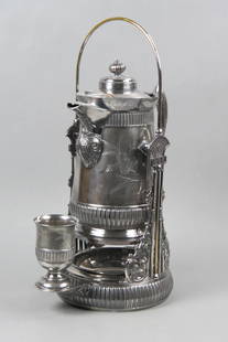 Victorian Silverplate Ice Water Pitcher on Stand,: thermal lined, tilting model with drinking cup in front, by Rogers, 19 1/2" tall, circa 1880.