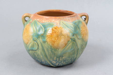 Roseville Pottery Vase "Sunflower", 1930,: handled, 4 1/2", excellent.