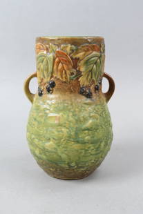 Roseville Pottery Vase "Blackberry", 1933,: handled, 8 1/2", original paper label, excellent.