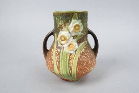 Roseville Pottery Vase, "Jonquil", 1931,: shoulder arch handles, 5", excellent.