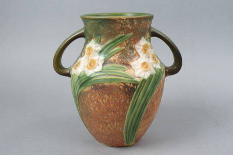 Roseville Pottery Vase "Jonquil", 1931,: shoulder arch handles, 8 1/4", excellent.