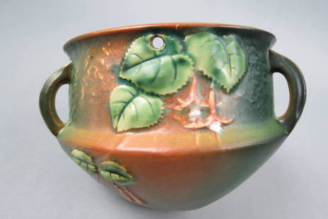 Roseville Pottery Hanging Basket "Fuschia", 1939,: tri-handled, green, excellent.