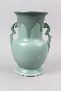 Roseville Pottery Vase "Carnelian", 1910-15,: blue with slip glaze, handled, 10 1/4", excellent.