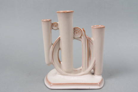 Roseville Pottery "Moderne" Triple Port Vase, Art Deco style: in brown and cream, shape #792, 7", excellent.