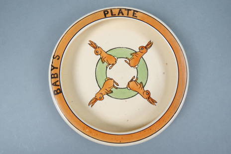Roseville Pottery Baby Dish, made before 1916,: Juvenile series, rabbit decor, 8".