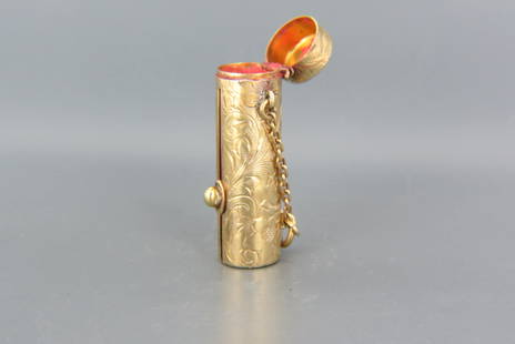 14K Gold Lipstick Holder, Art Deco era,: chatelaine style, 1 3/4" plus chain, 14 grams.