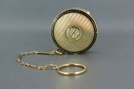 14K Gold & Enamel Compact, Art Deco,: black enamel, 1 1/2" diameter plus chain and finger ring, inner mirror, 27 grams total.