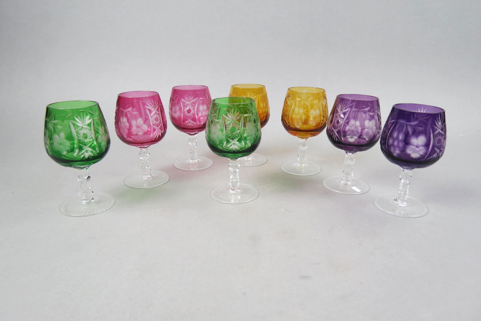 8 Colored Cut-to-Clear Crystal Brandy Glasses, (1 of 3)