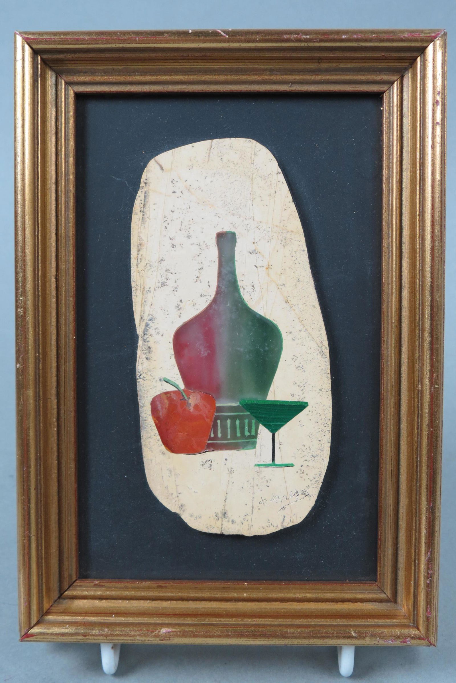Pietra Dura Mosiac Italian Stone Plaque,: still life with wine bottle, glass and apple, semi-precious stones including tourmaline, malachite and marble, artist signed, 2 1/2" X 5" plus mat and frame, 7 1/2" X 5 1/4" overall.....pietra dura, (