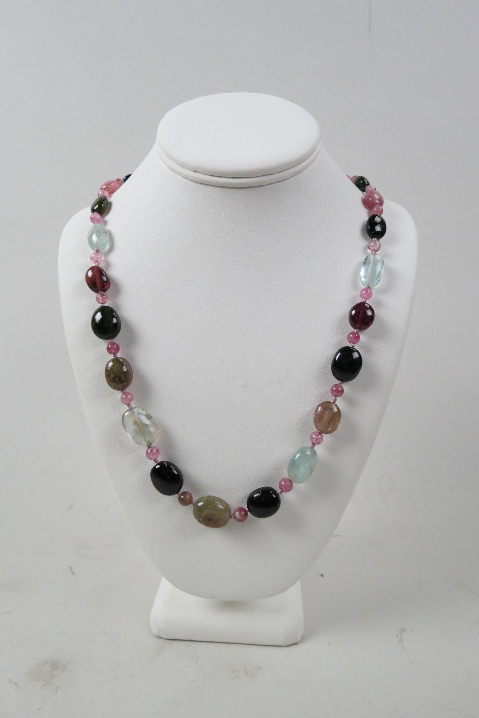 Gemstone Necklace, Aquamarines, Tourmalines, more,: the tourmalines in pinks and greens, 32" long.