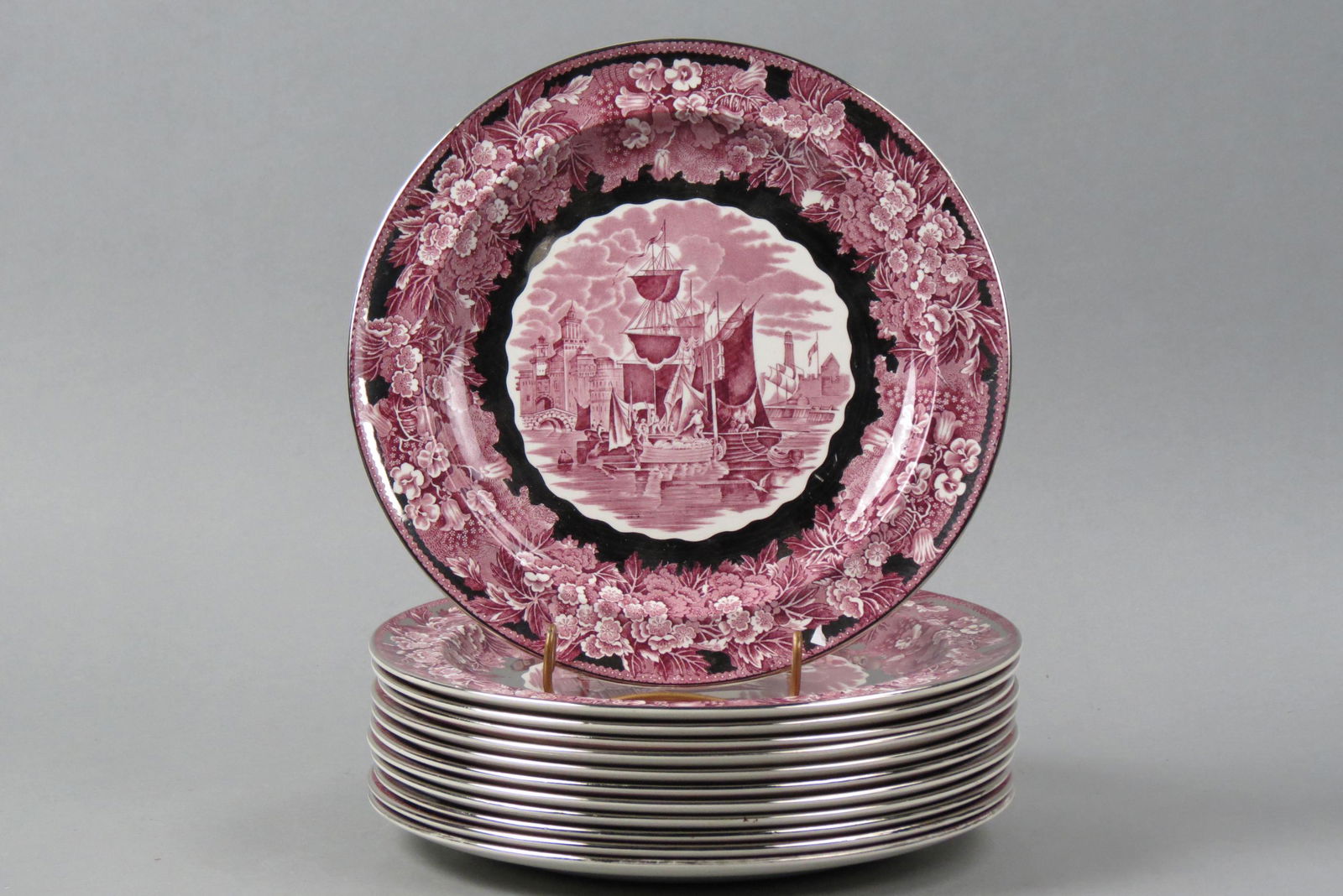 12 Wedgwood "Ferrara" Dinner Plates,: red transferware with center harbour scenes and floral borders, platinum rim, 10", excellent.