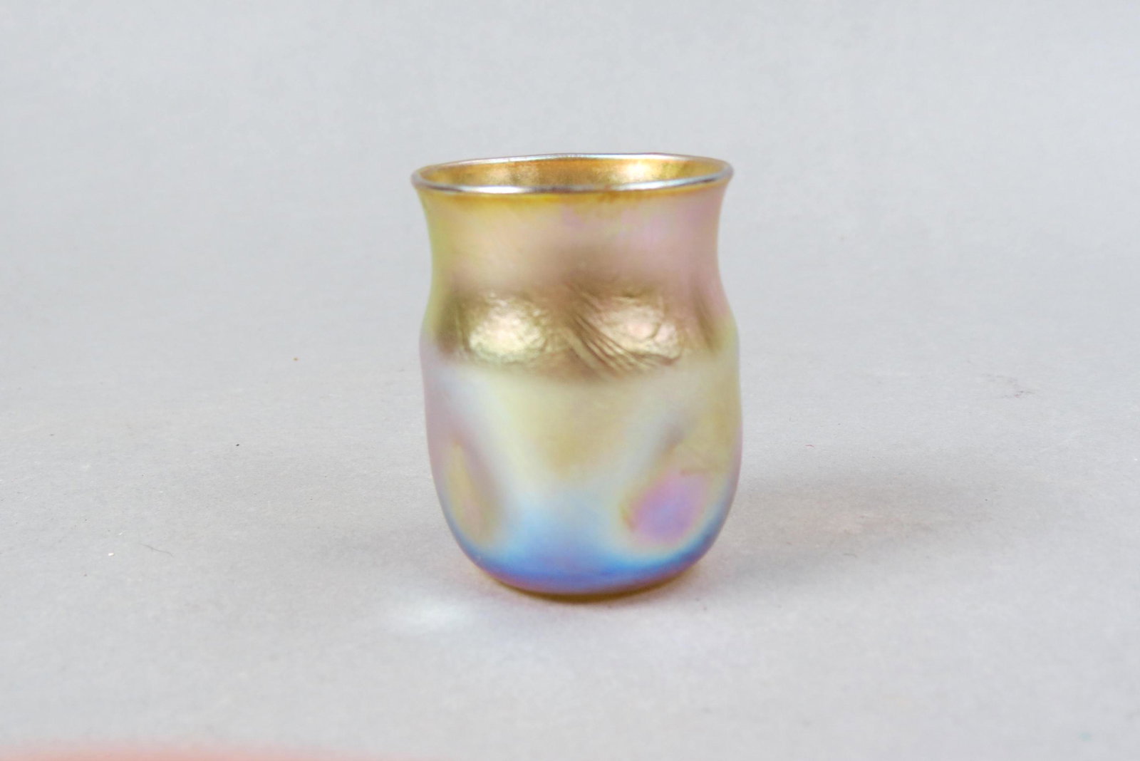 Tiffany Favrile Art Glass Toothpick Holder,: golden iridescent with blue hues, pinch decor, 2 1/4", signed L.C. T., N7724, excellent.