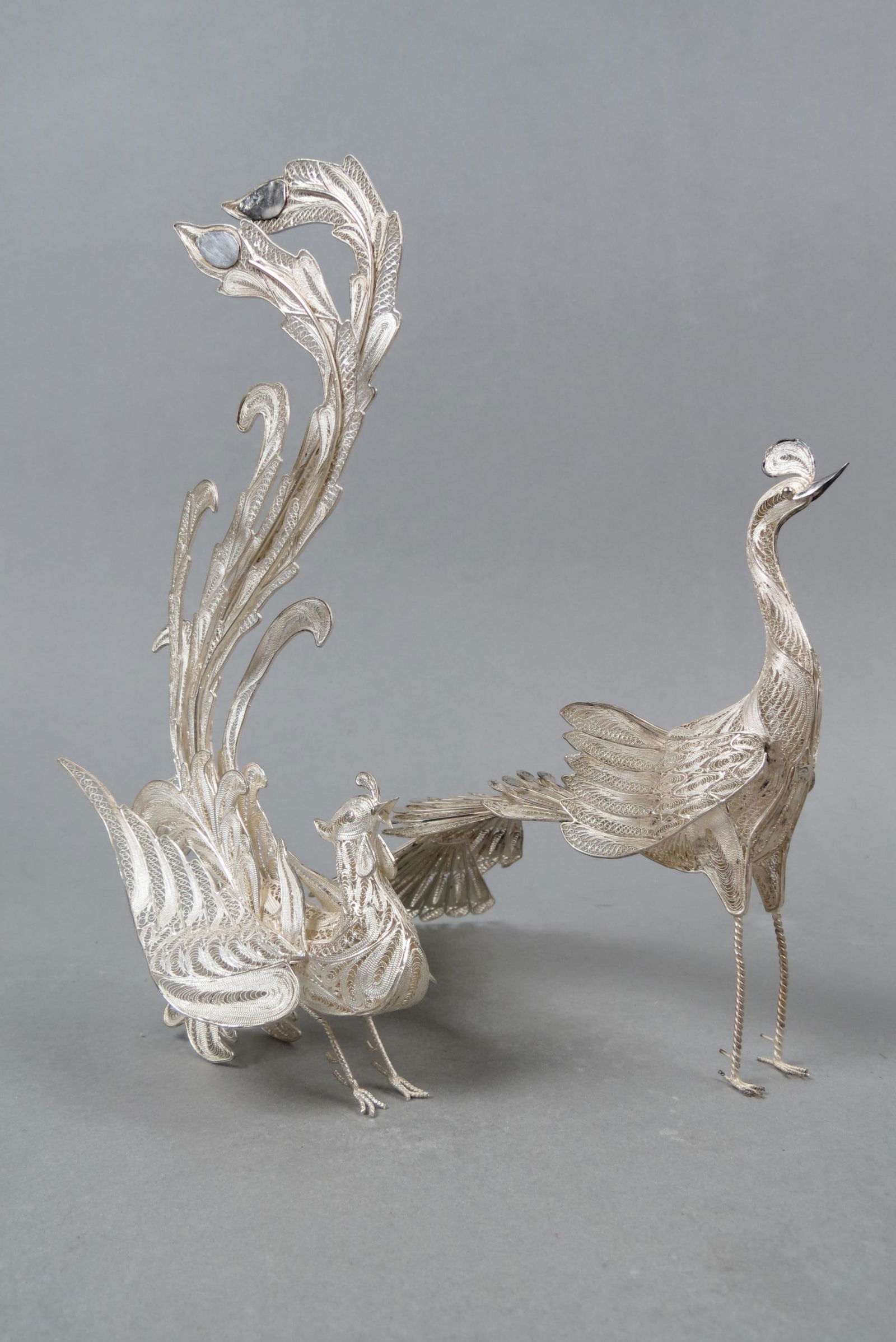 Pair of Chinese Silver Bird Figurines, peacock (1 of 6)