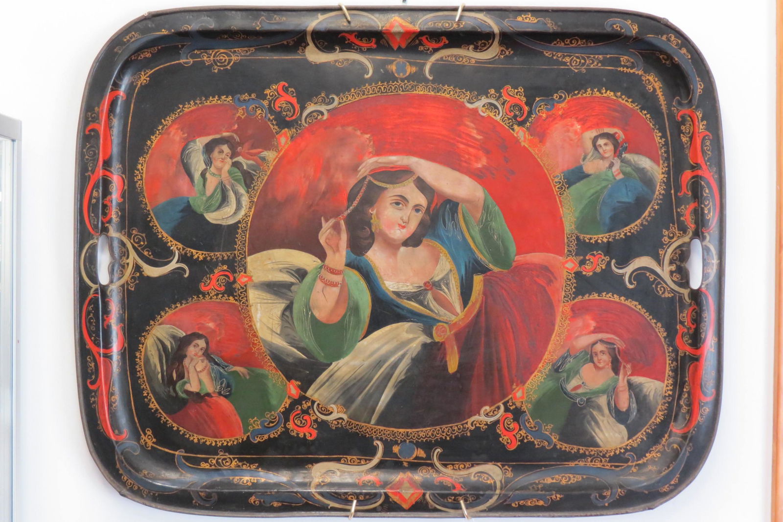 Large Tole Painted Tray with Portraits of Females, (1 of 4)
