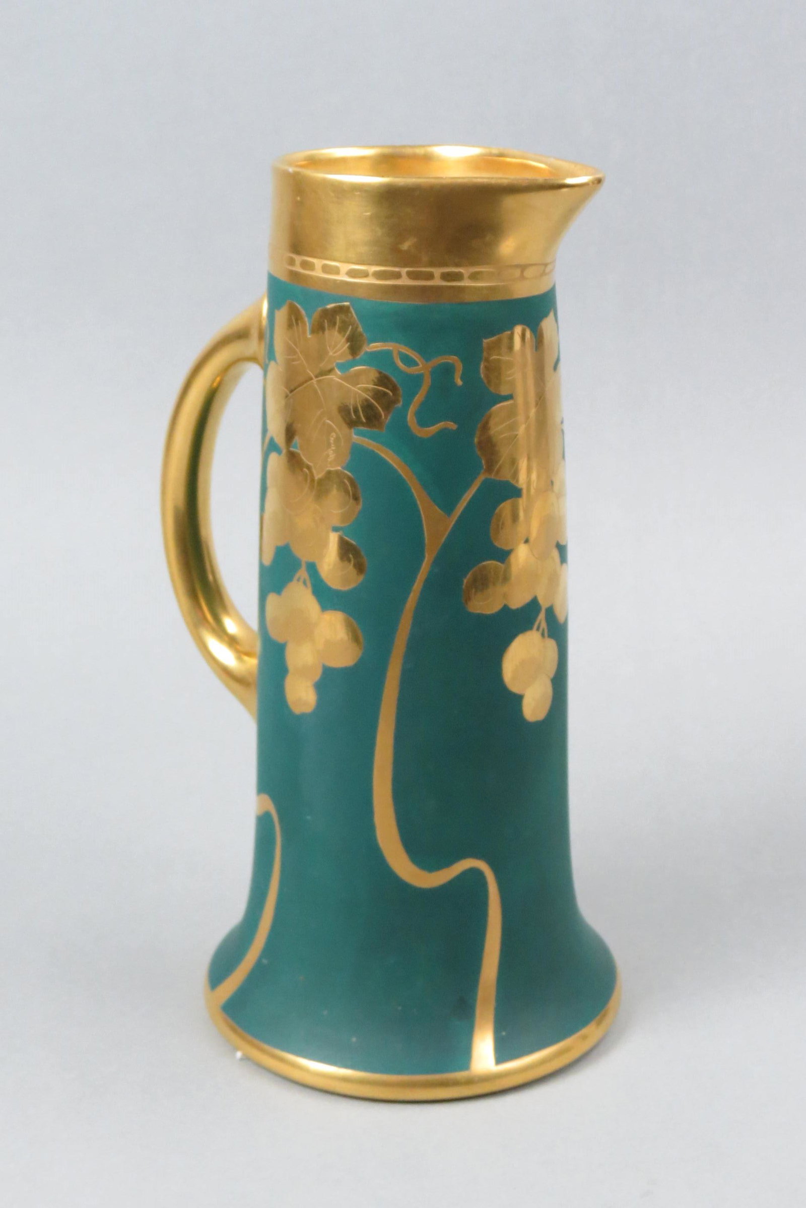 Pickard Decorated Limoges Porcelain Tankard,: gold encrusted grape and vine on green, 11", signed, excellent.