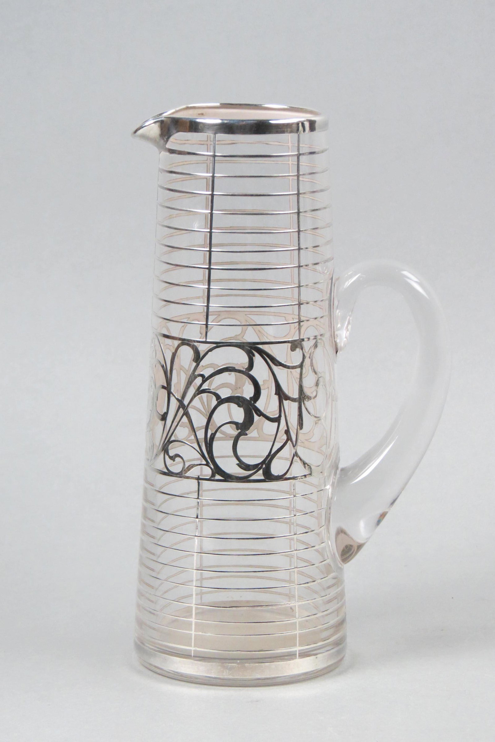 Silver Overlay Tall Pitcher,: linear and wave design, 10", unmarked.