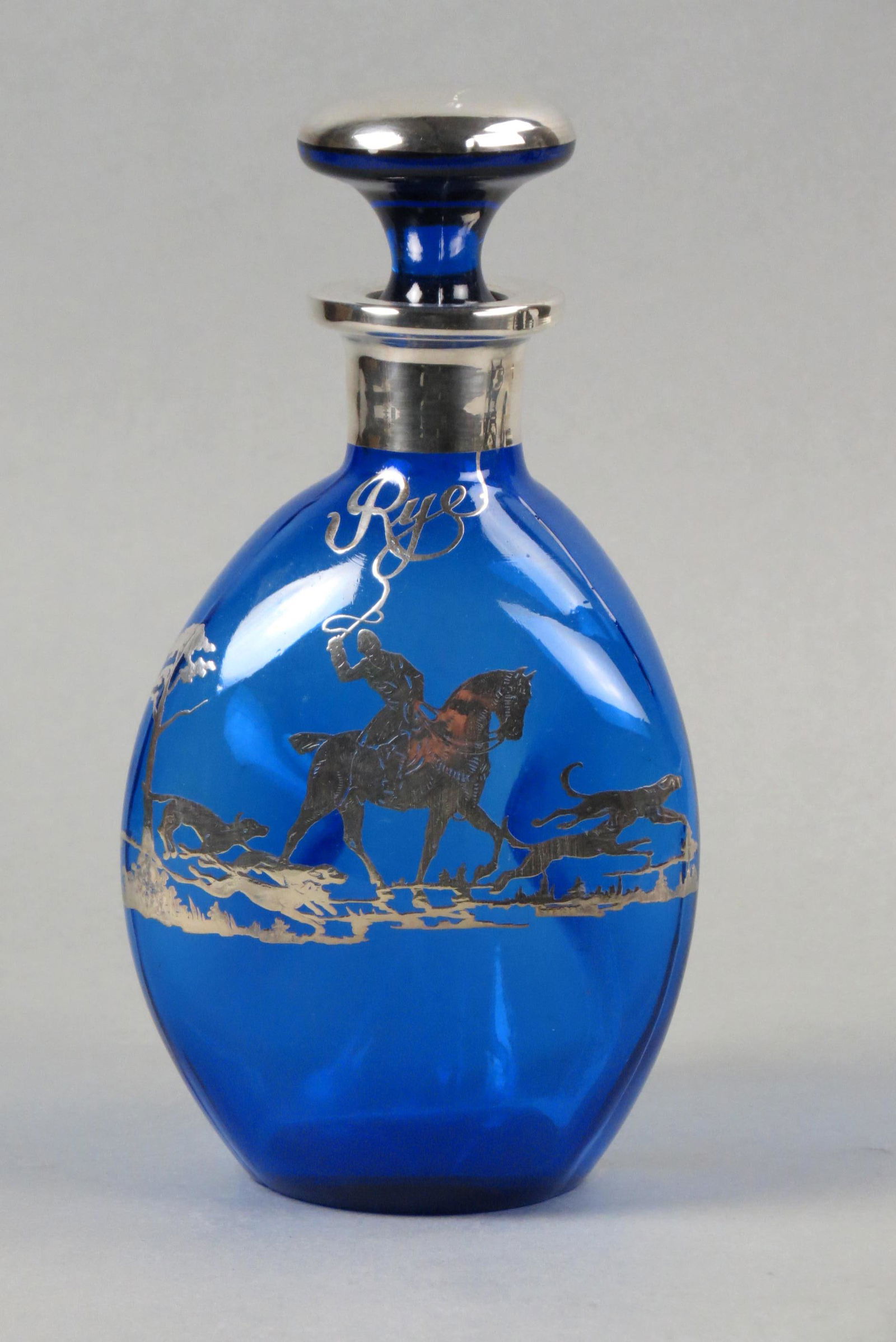 Silver Overlay Cobalt Glass Decanter "Fox Hunt", (1 of 5)