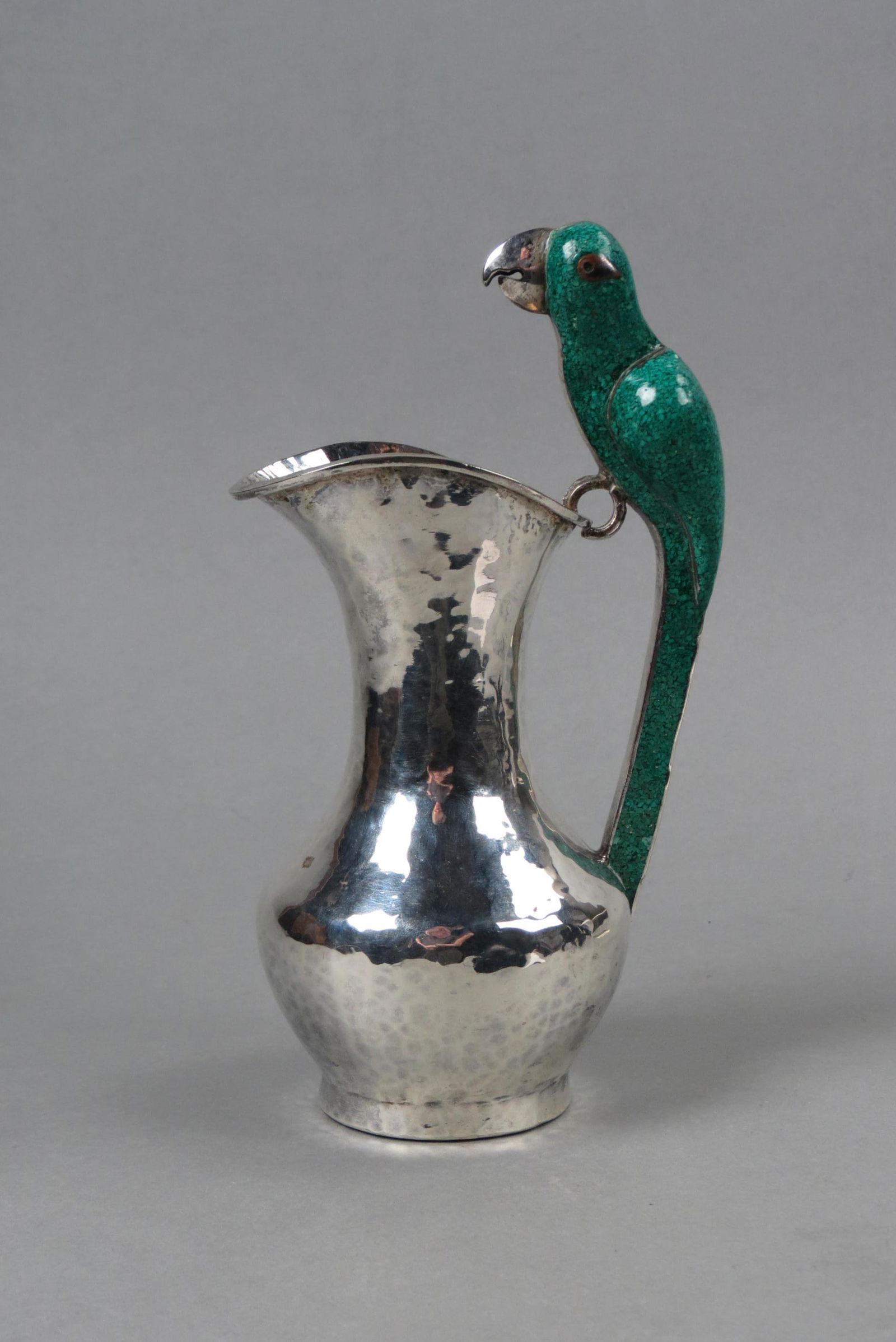 Mexican Designer Silverplate Pitcher Malachite Parrot Handle (1 of 5)