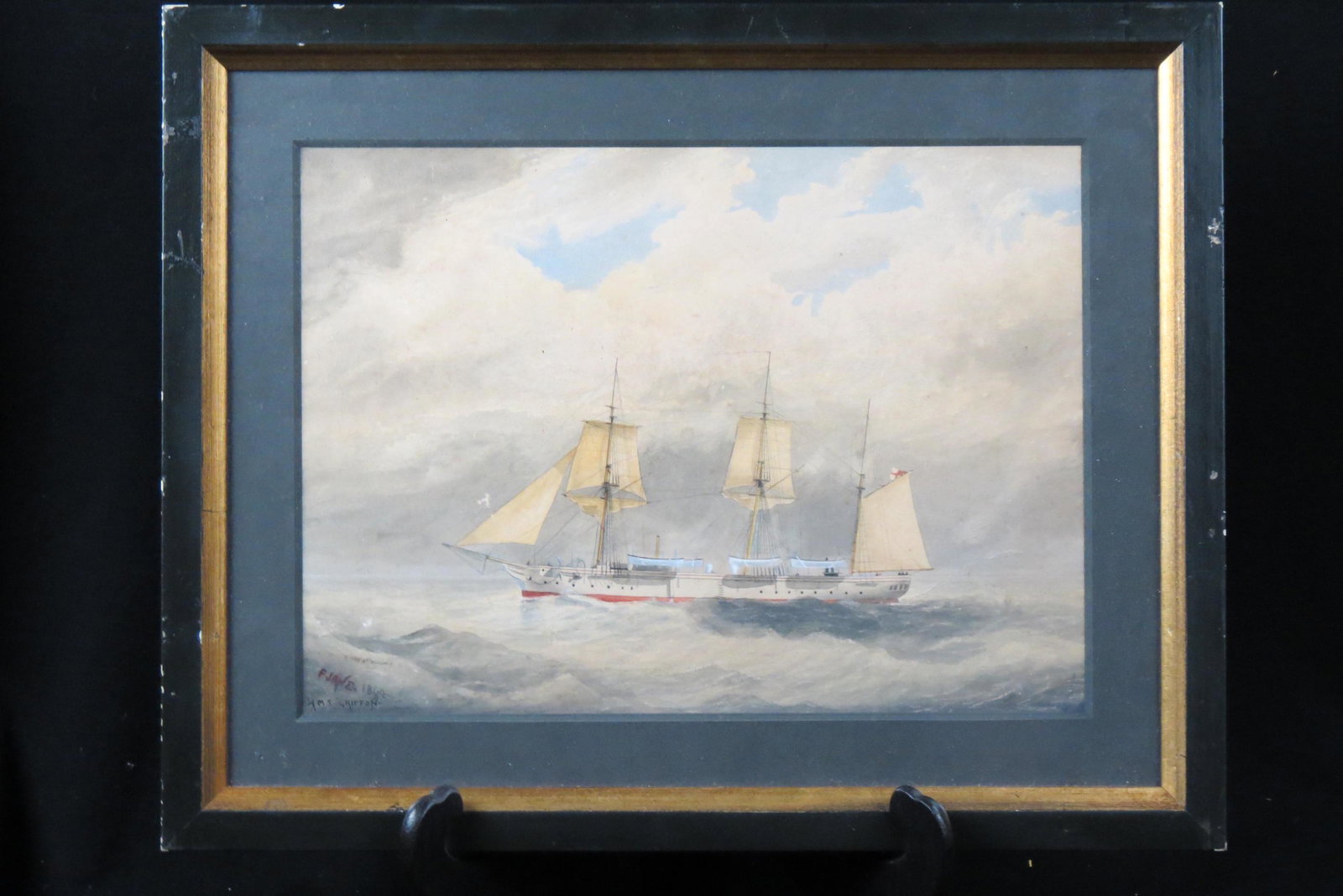 Frederick T. Jane, watercolor, "H.M.S. Griffon",: famous Royal Navy ship, an early 19th century ship, very fine detail, signed and dated 1890, well listed artist, image area 10" X 14" plus mat and frame.