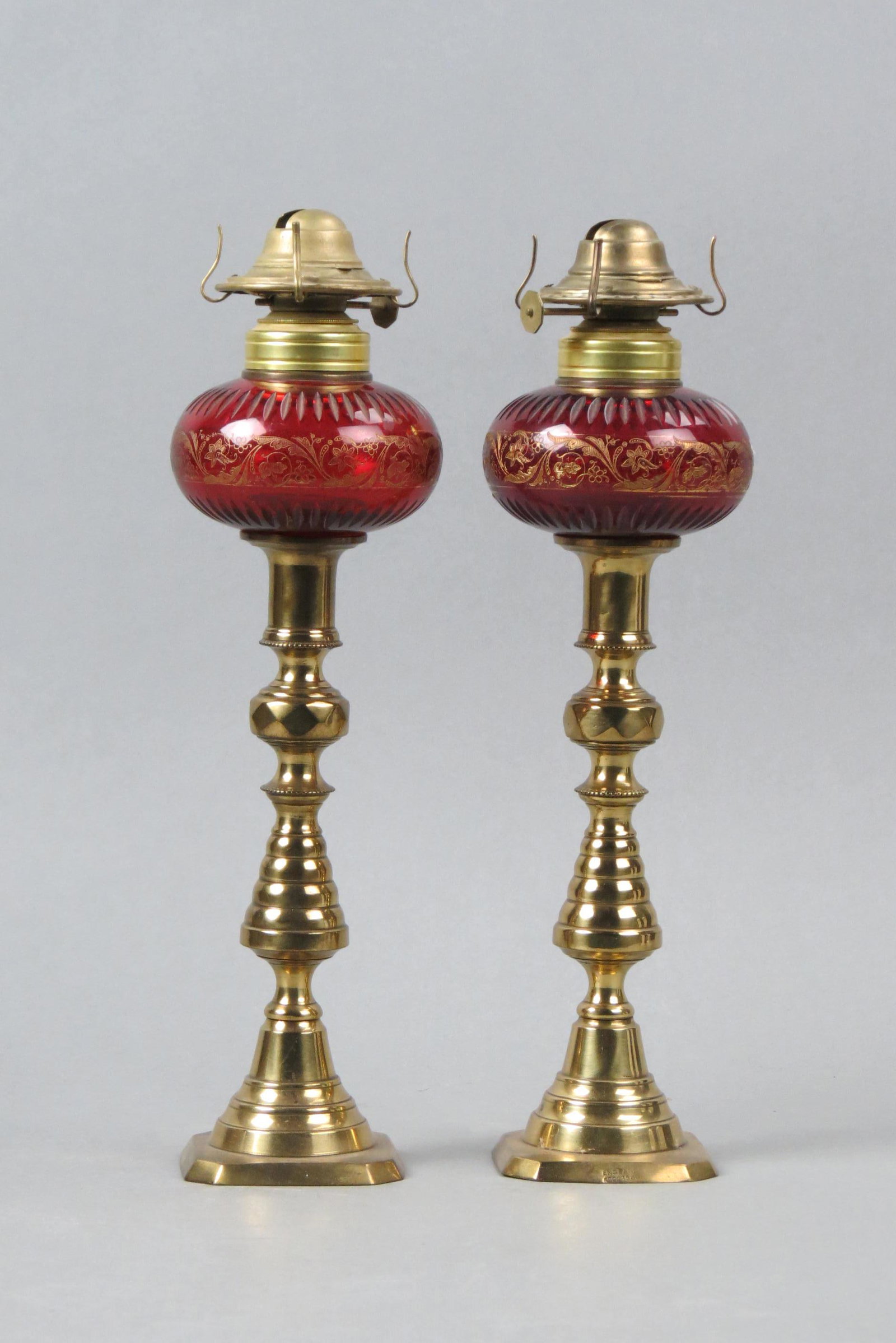 Pair of Cranberry Glass & Brass Peg Lamps, (1 of 4)