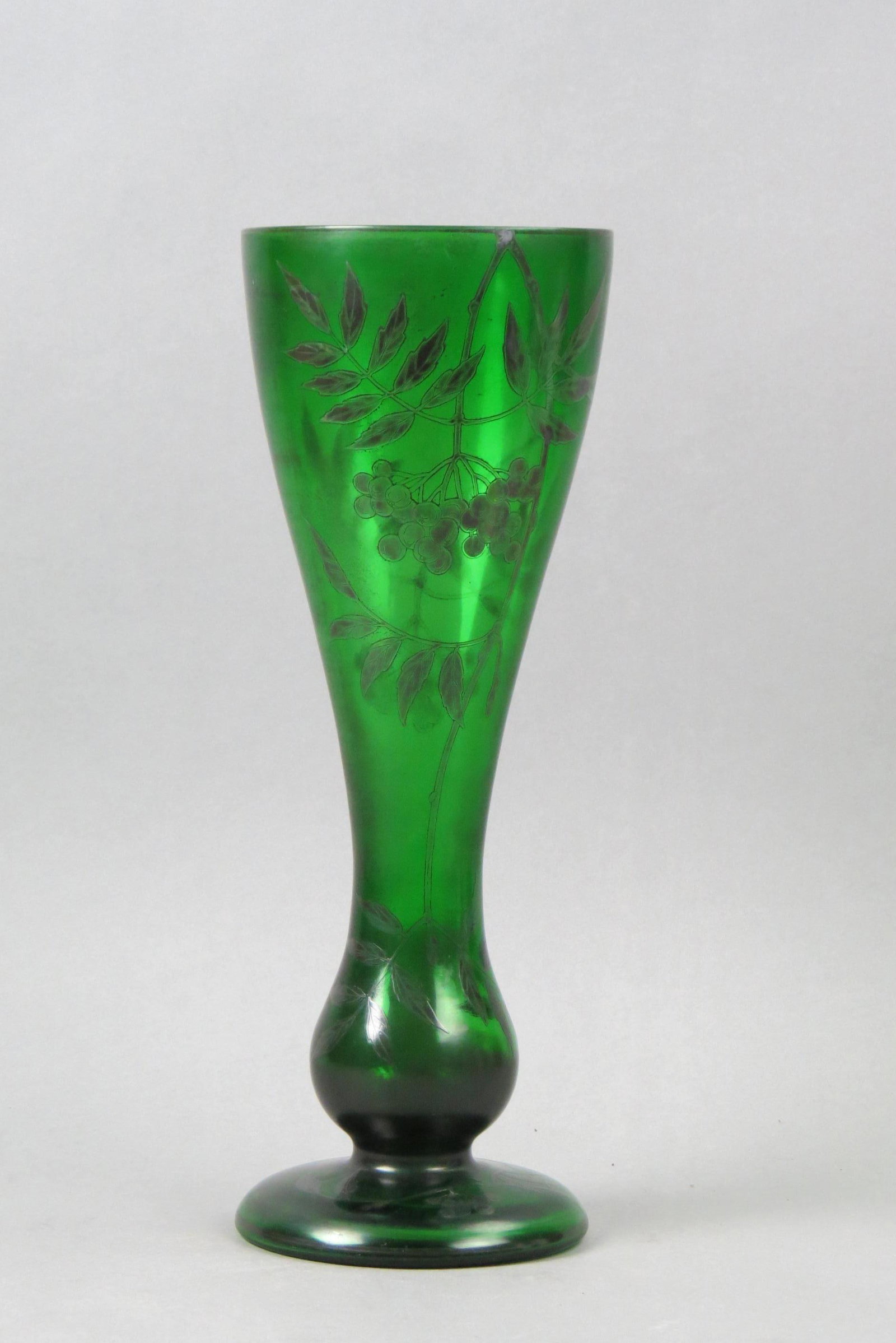 Victorian Green Glass Vase with Silver Berry Decor: 15 1/2".