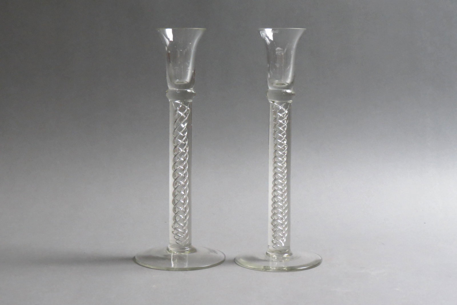 Pair of Crystal Candlesticks, hollow air twist,: 10", excellent.