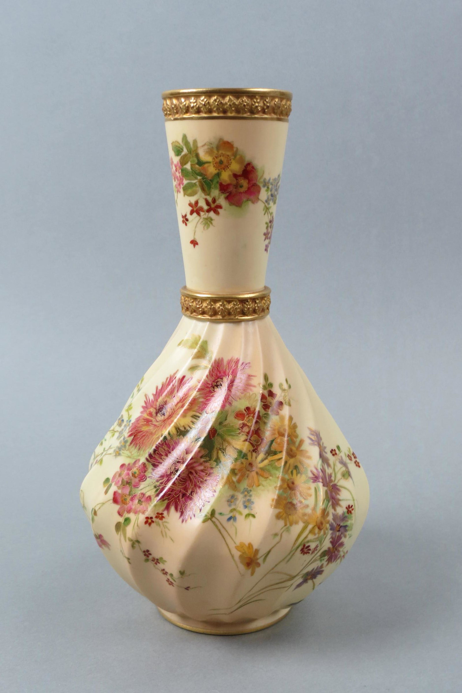 Royal Worcester Porcelain Vase,: fine floral on swirling body, gold banded neck, #1452, 10", excellent.