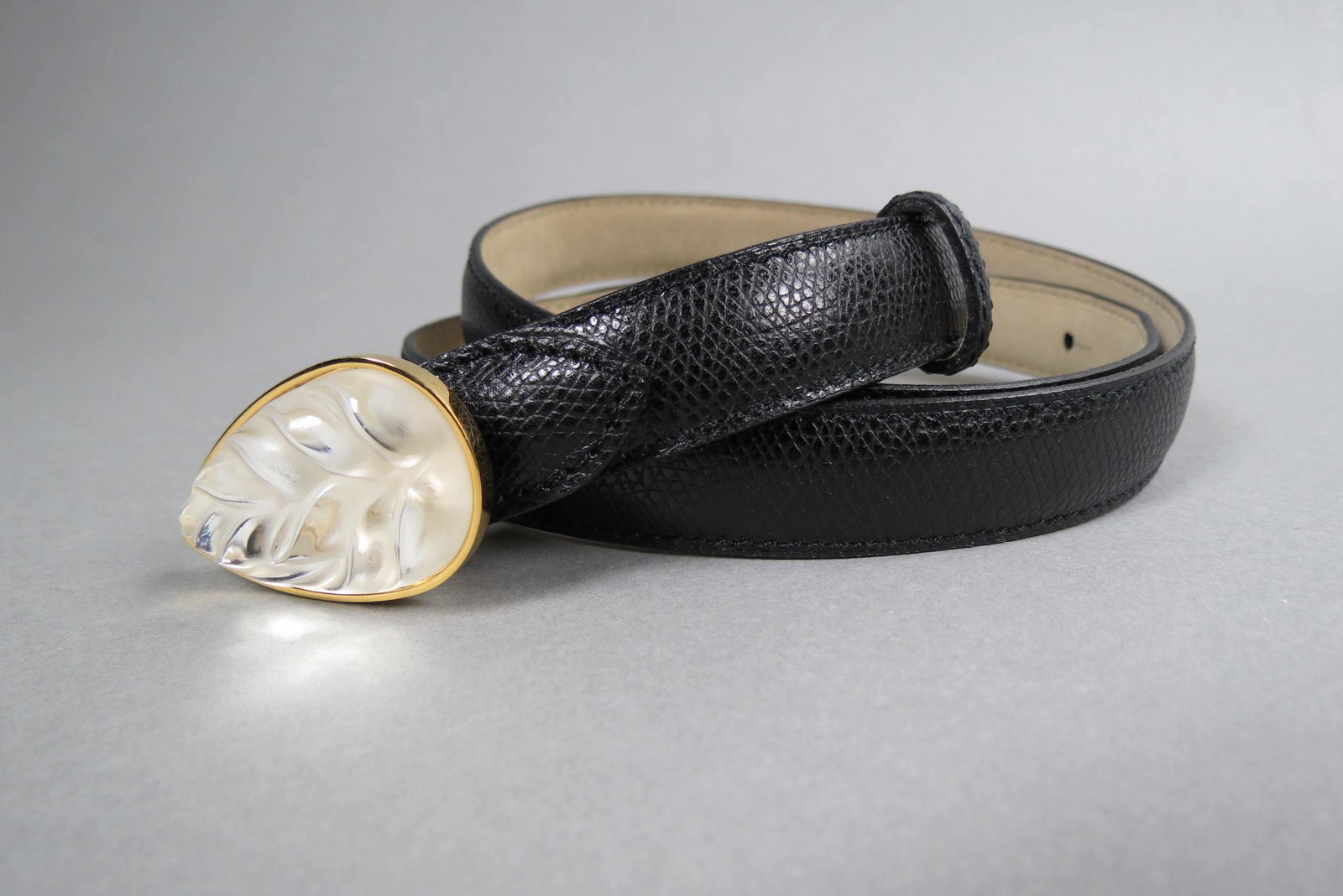 Lalique Crystal & Leather Ladies Belt,: frosted leaf buckle, black textured leather belt for 32" to 34" waist, excellent.