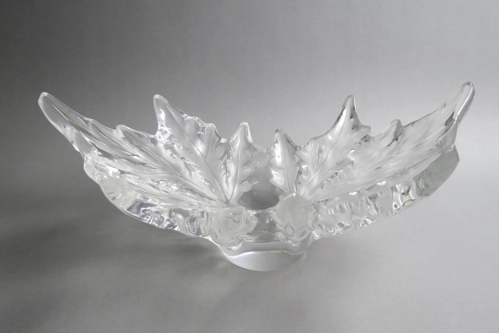 Lalique Crystal Centerpiece Bowl,: frosted leaf decor, 10" X 18", 7 1/2" deep, signed, excellent.