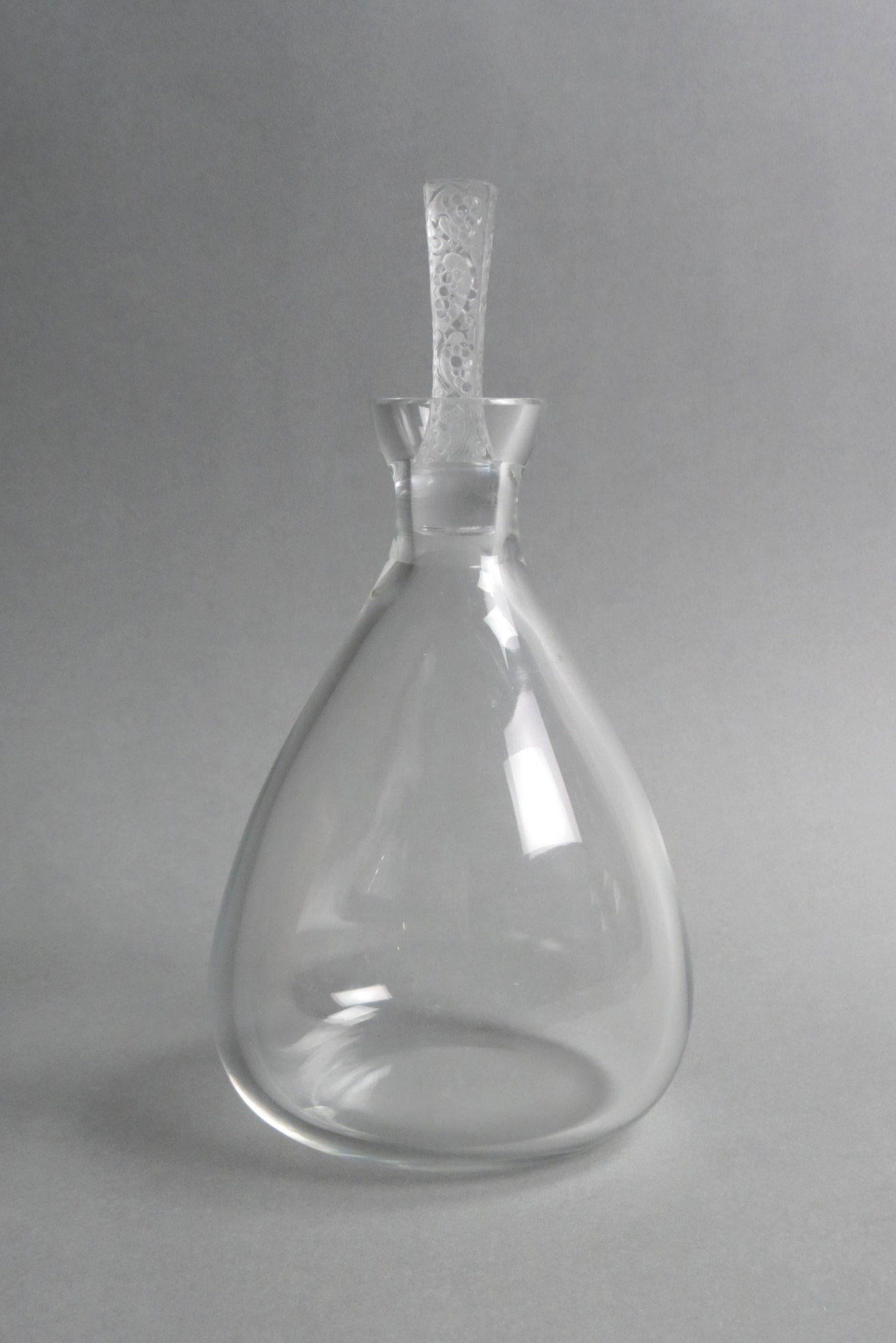 Lalique Crystal Decanter "Phalsbourg",: 10", frosted design stopper, signed, excellent.