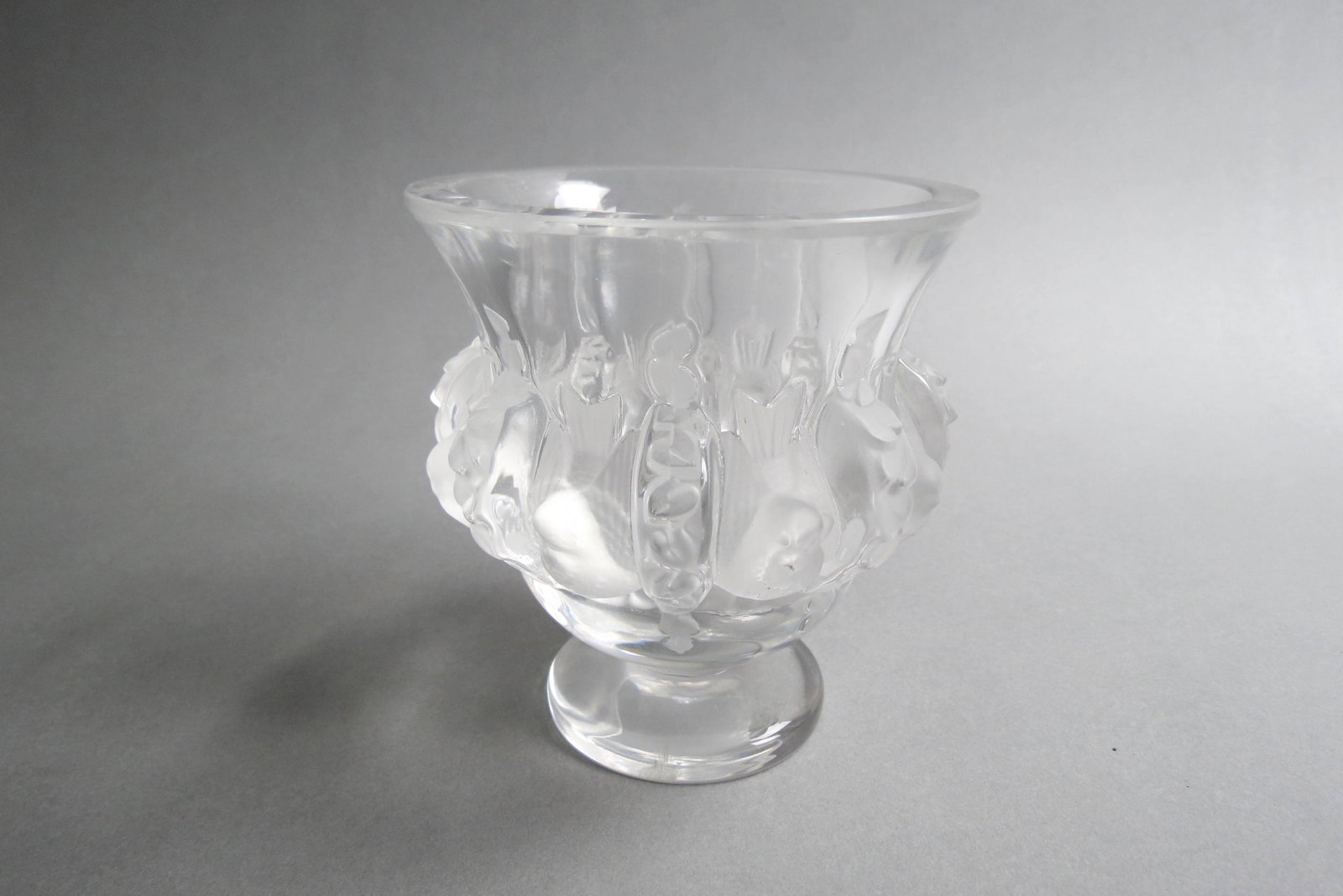 Lalique Crystal Vase,: frosted birds and flowers, 4 3/4", signed, excellent.