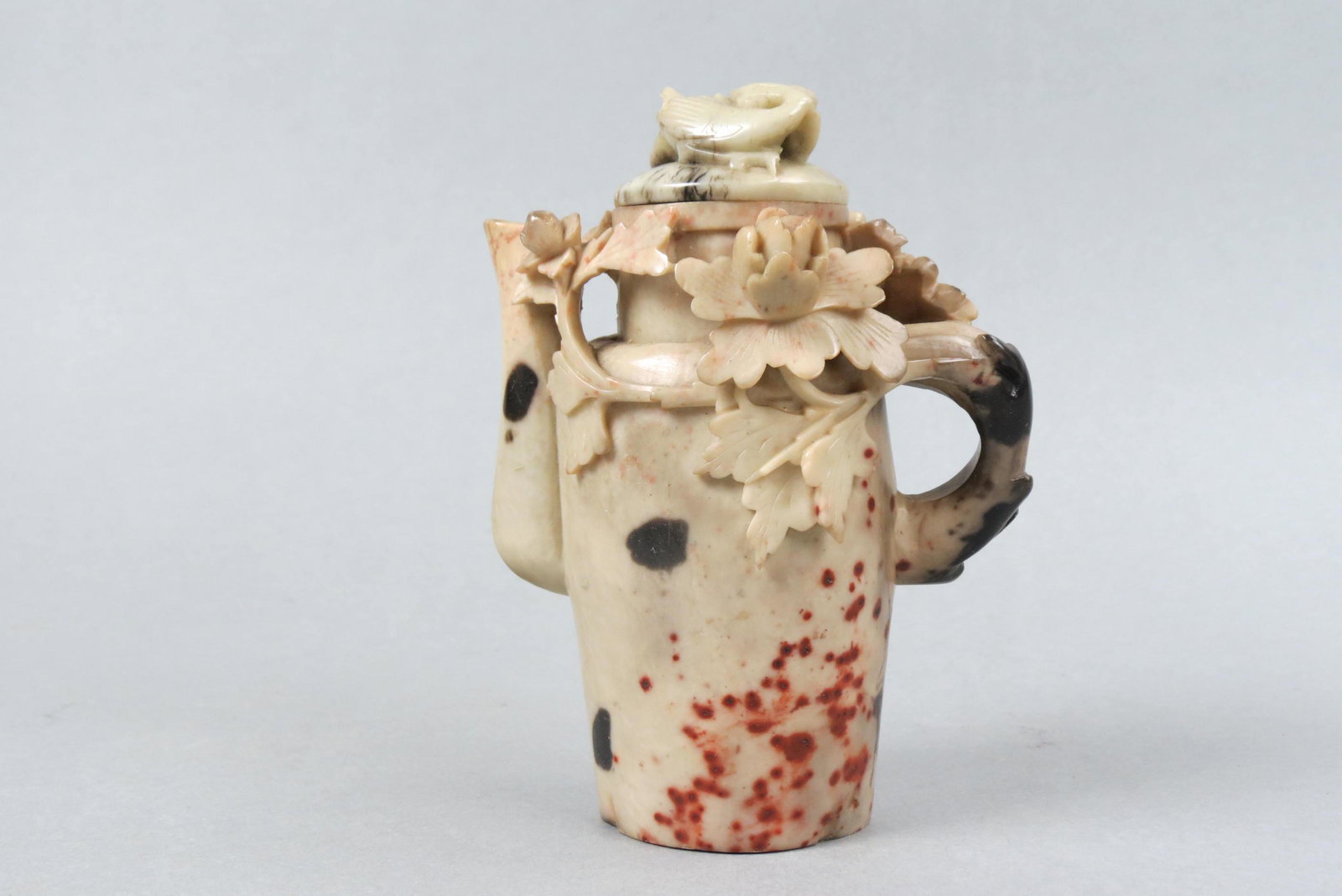 Chinese Carved Soapstone Teapot,: flowering vine handle, phoenix on lid, 5 3/4", excellent.
