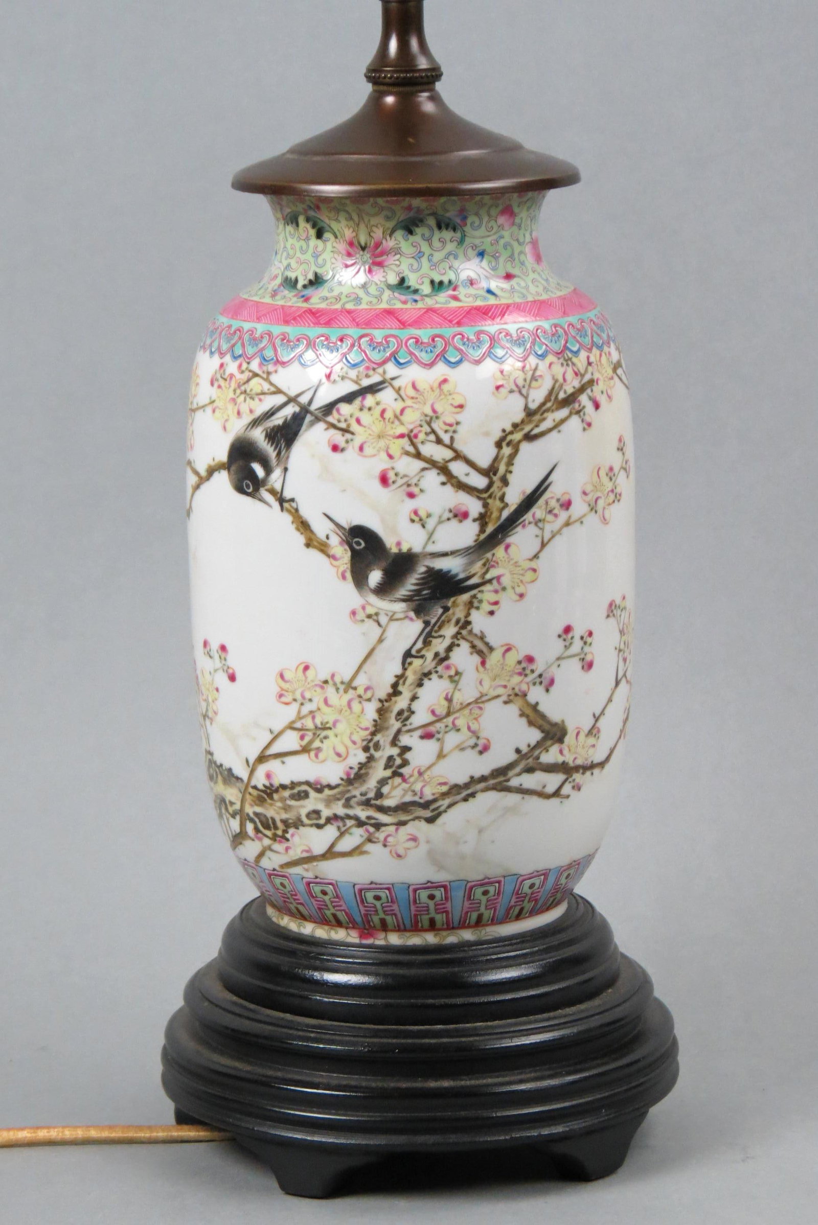 Chinese Famille Porcelain Vase, signed, Republic period ?: fine bird and floral decor, 9" body, drilled for a lamp, signature mark drilled through and weak mark now.