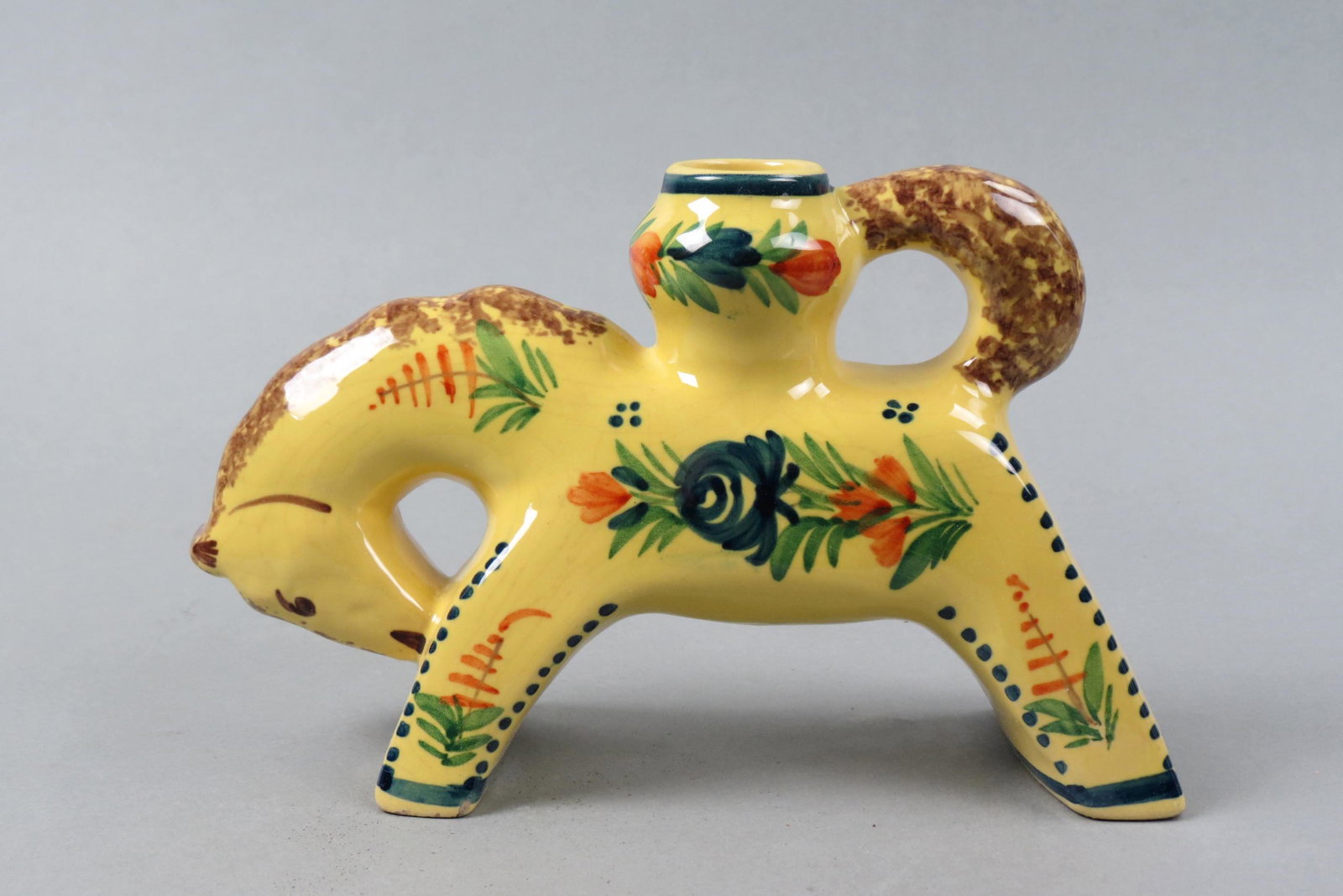 Quimper French Pottery Figural Horse Chamberstick,: flowers on yellow, 9" long, 5 1/2" tall, excellent.