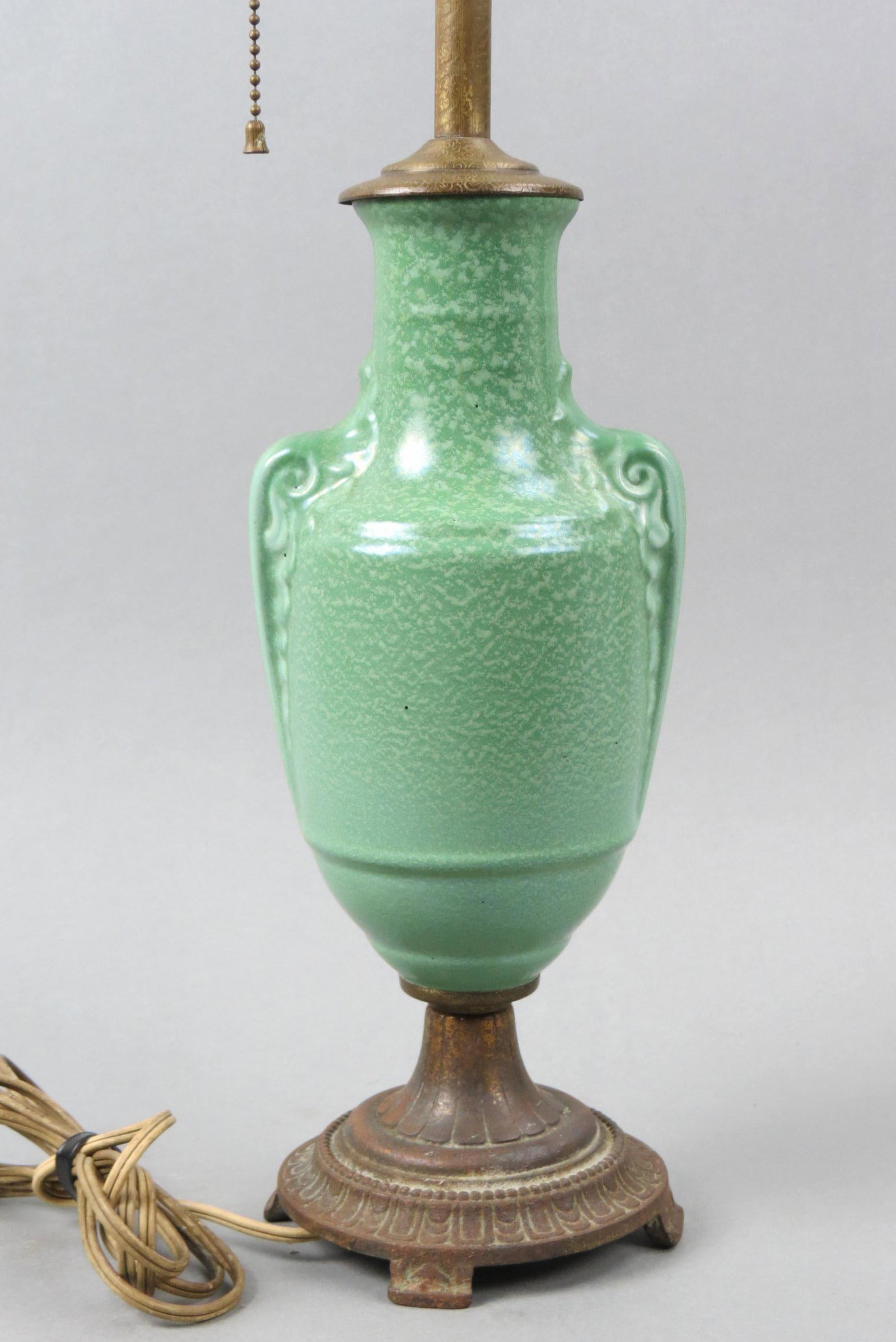 Arts & Crafts Pottery Lamp,: green butterfat style glaze, 9" pottery body, bronzed mounts, excellent.