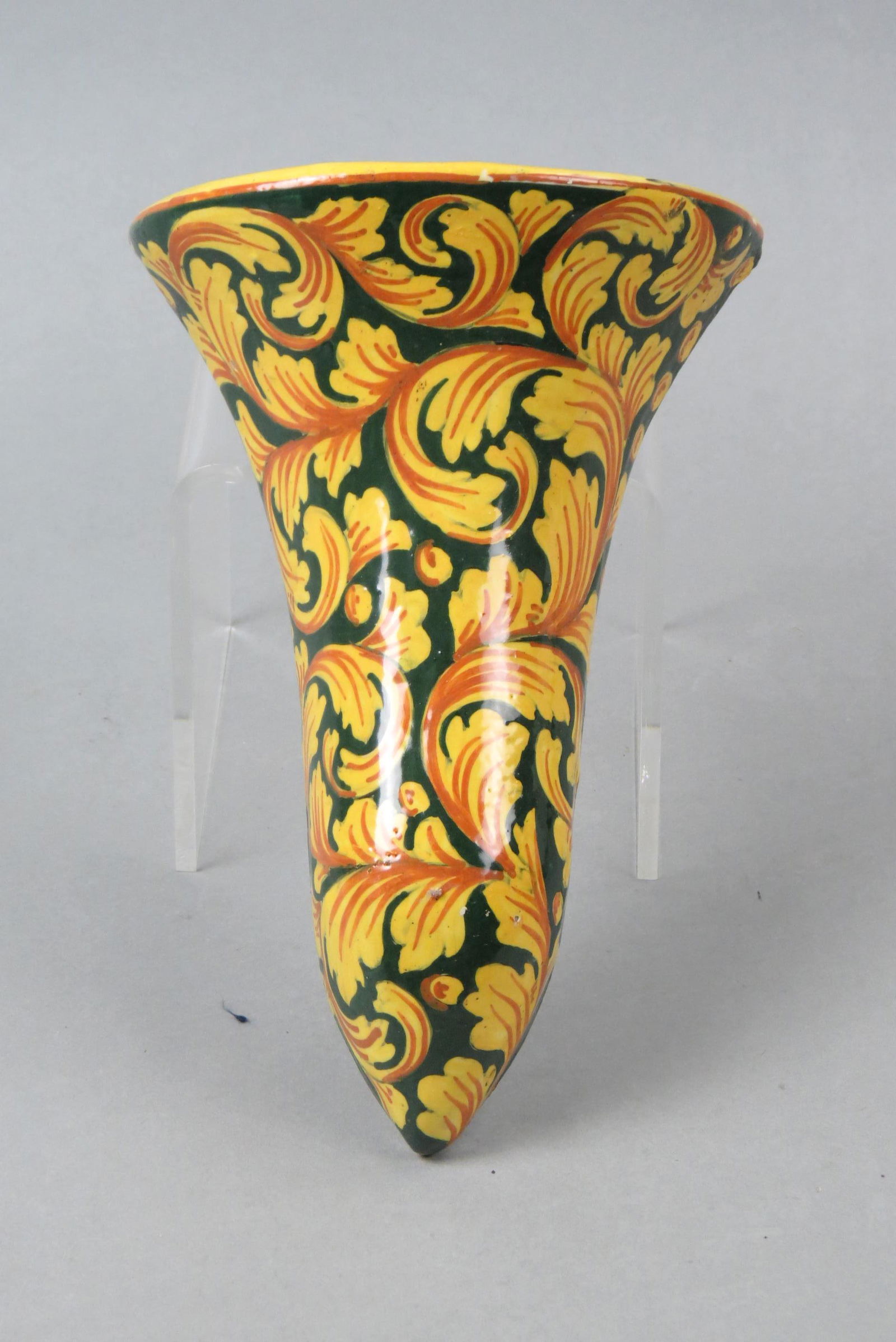 Italian Pottery Wall Pocket,: vine decor, 9 1/2", small flakes on one side.