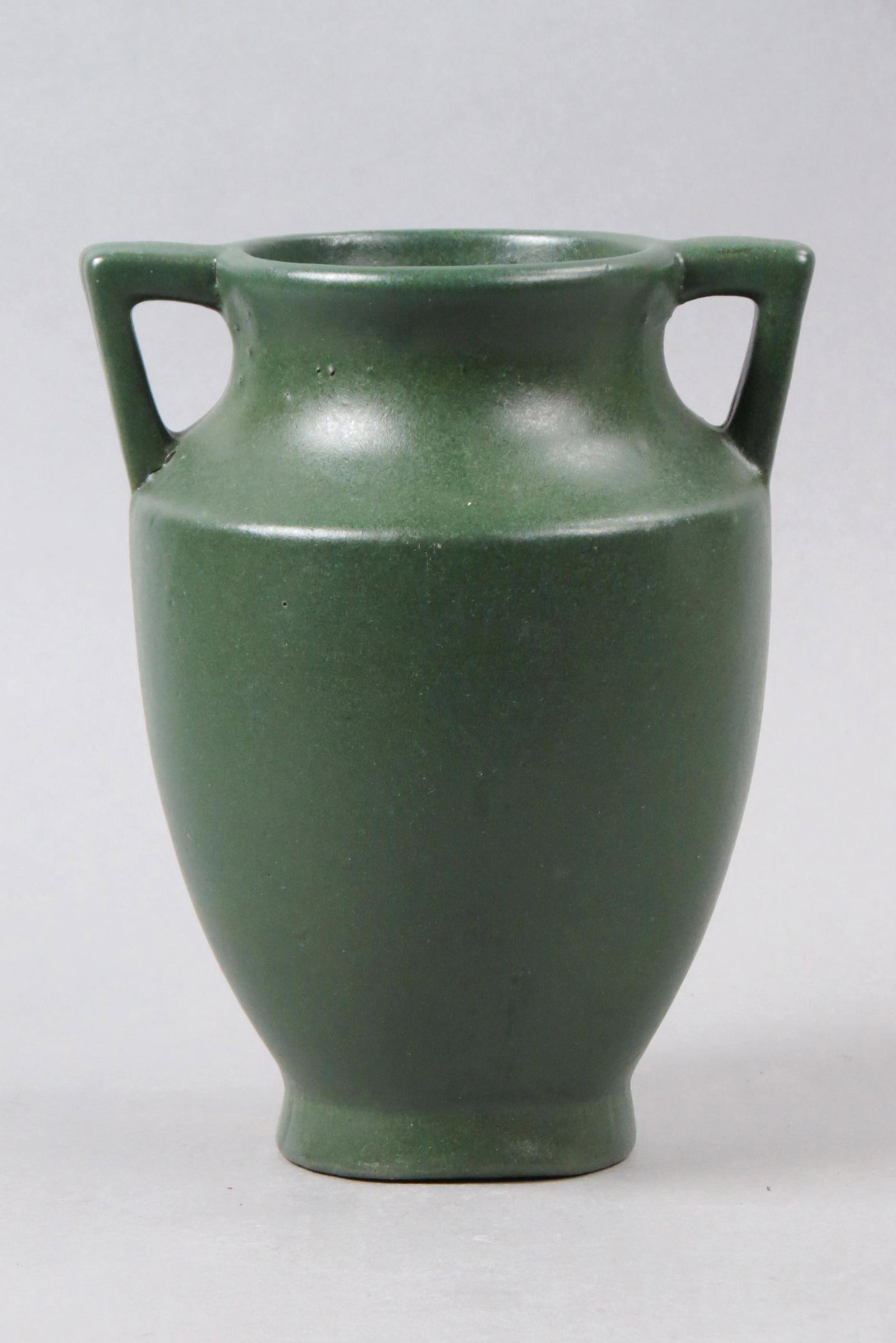 Arts & Crafts Pottery Vase,: dark green glaze, handled, 8 1/2", excellent.