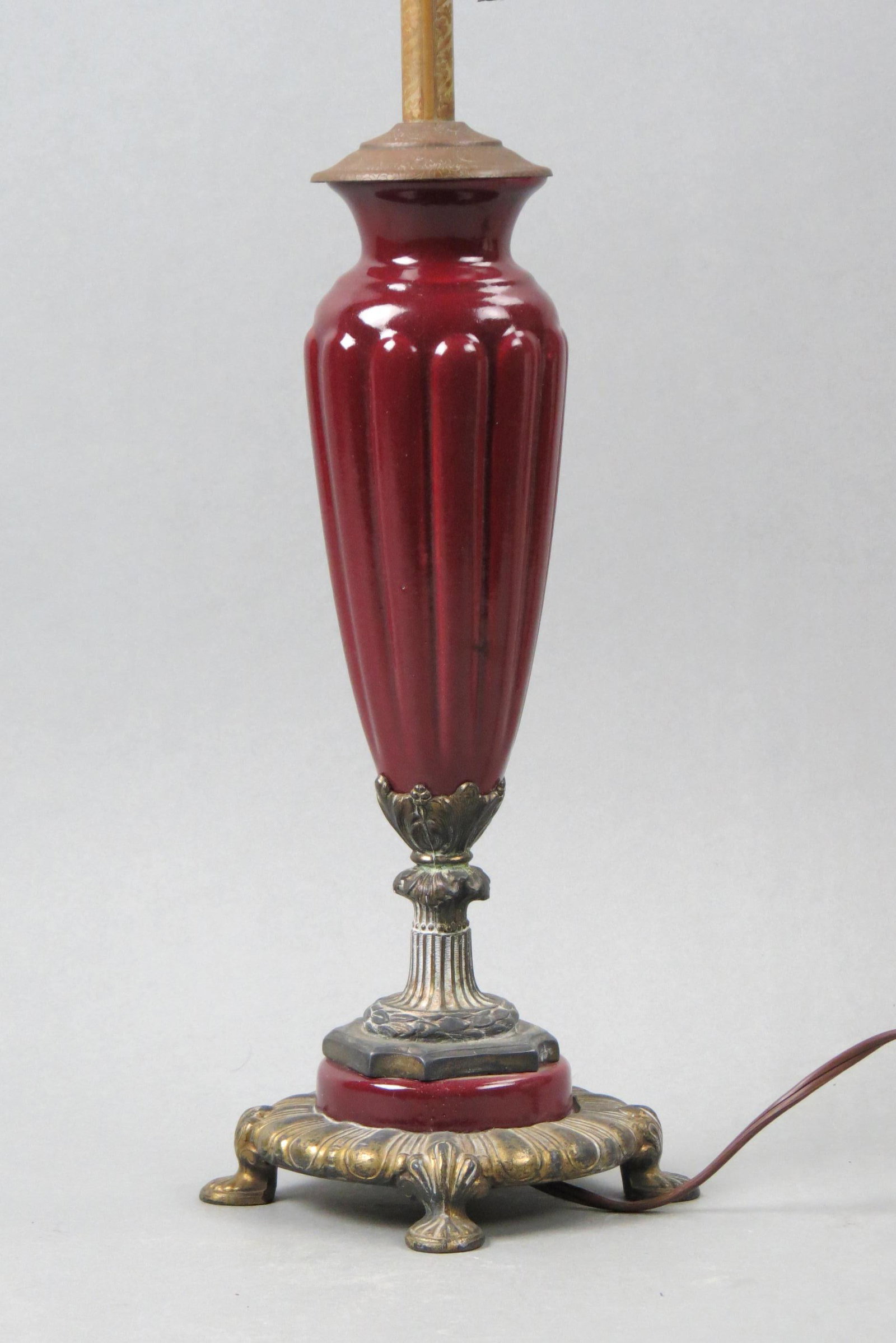 Arts & Crafts Pottery Lamp,: ribbed burgundy 8" body, bronzed base, footed.