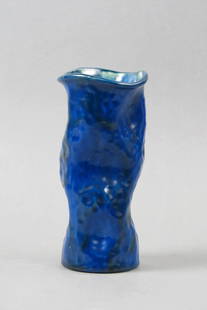 English Pottery Vase,: blue, peanut shell testured with pinch decor, 8 1/4", excellent.